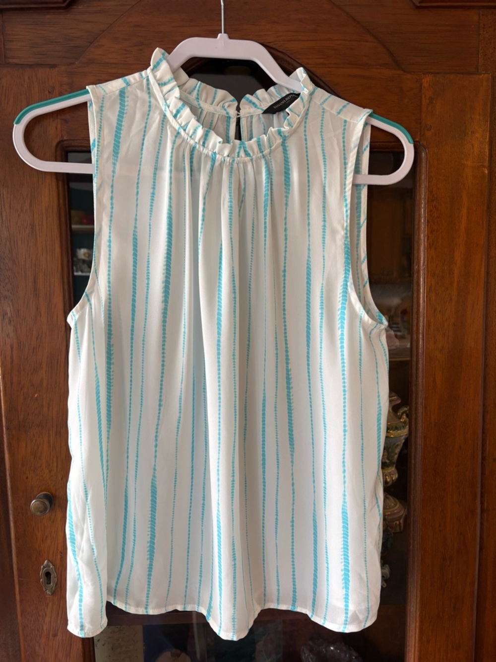 Banana Republic White Tank with Aqua Vertical Stripes